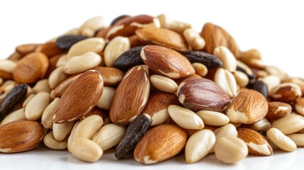 Fototapeta premium Mixed nuts pile with almonds, cashews, and other varieties on white surface