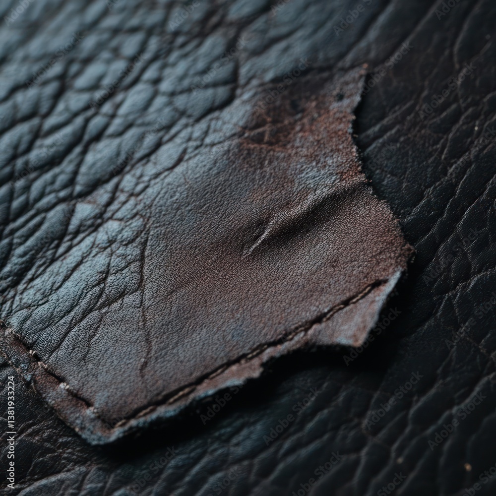 Aufkleber close up of weathered black material with tear reveals textured surface and color variation
