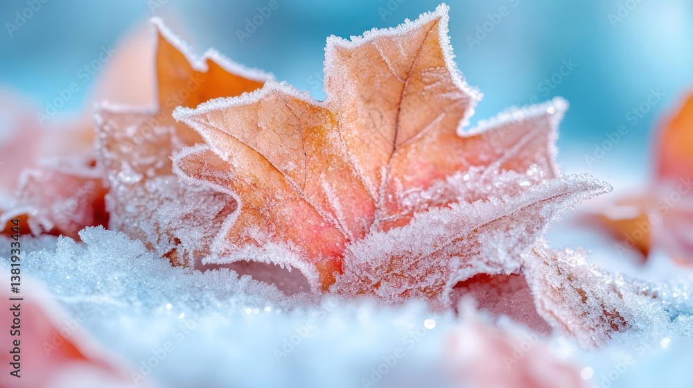 Poster Close up of frosted maple leaves on snowy surface with shallow depth of field. Frost crystals on orange foliage with blurred background