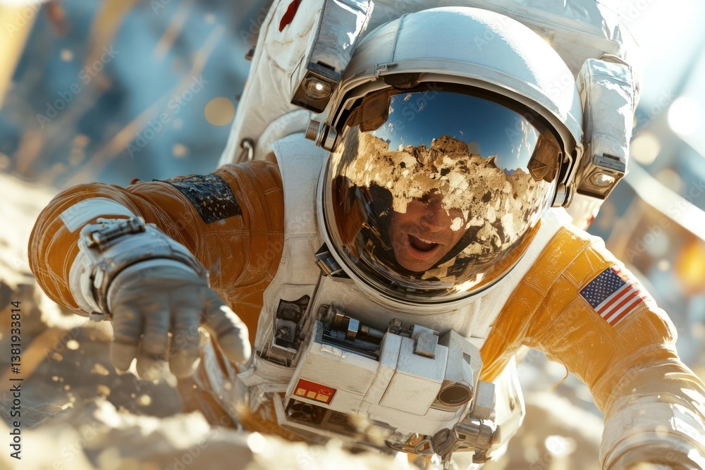 Poster Astronaut in orange spacesuit during daytime on an alien planet with mountains in background and reflection in the helmet
