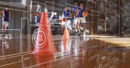 Dribbling basketball, players over animation of digital data and analytics on court - Powered by Adobe