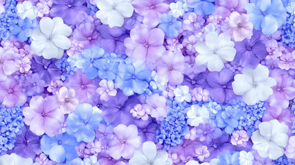 Pastel purple, blue, and white flowers densely packed, creating a seamless floral background. generative ai