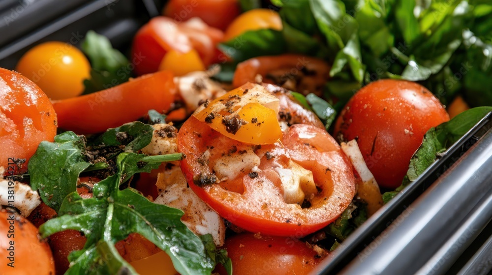 Poster close up view of fresh salad with red and yellow tomatoes basil and seasoning in a black container