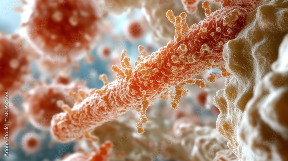 Aufkleber Detailed view of cellular structures with orange and red color scheme illustrating biological and medical concepts in macro perspective