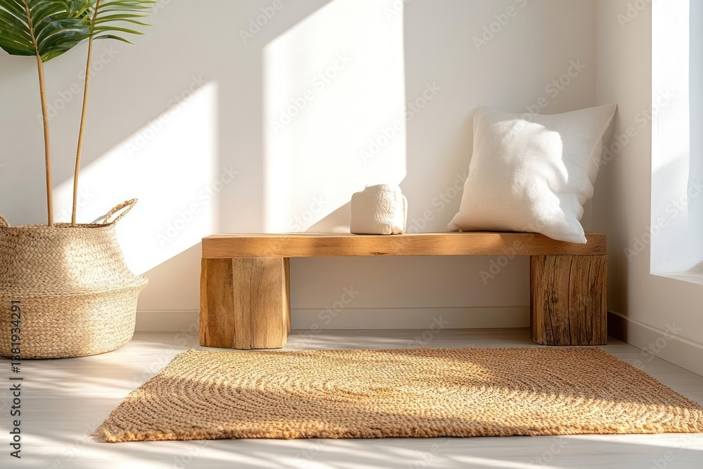 Poster interior design featuring a wooden bench rug and basket with soft light and neutral colors creating 