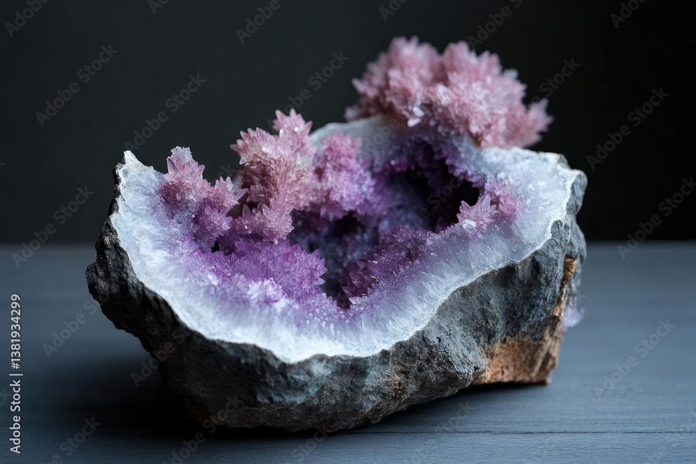 Poster close up of a geode crystal formation showcasing vibrant purple and pink crystal clusters within a r