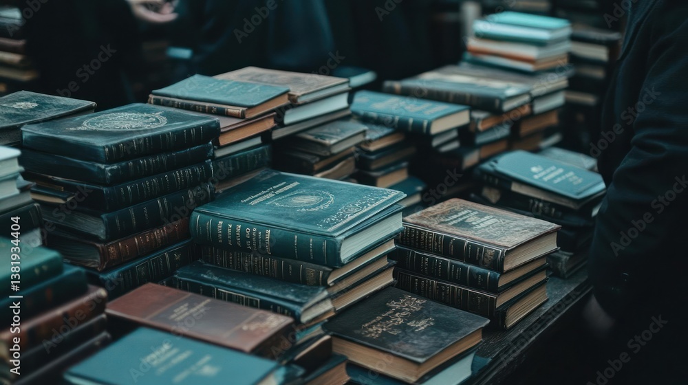Poster Close-up of a table displaying a large collection of vintage books with various colors and textures. The books are stacked in piles, with the light hitting the top of them