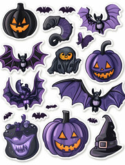 Purple and black Halloween stickers featuring pumpkins, bats, ghosts, and witch hat. generative ai
