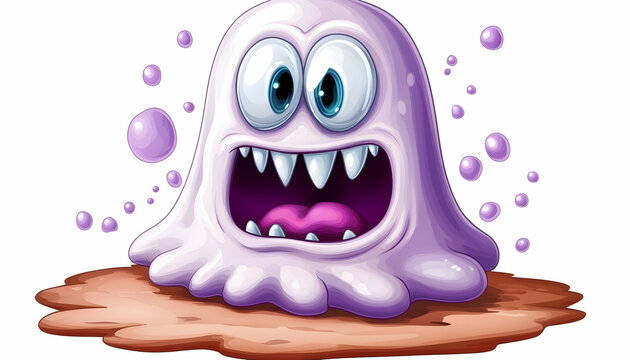 Playful purple blob monster with large teeth and eyes, surrounded by bubbles. generative ai