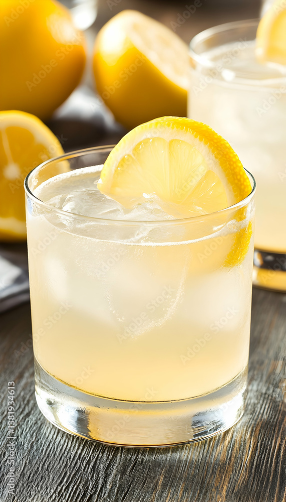 Poster refreshing lemon drink in rocks glass with ice and lemon wedge. generative ai
