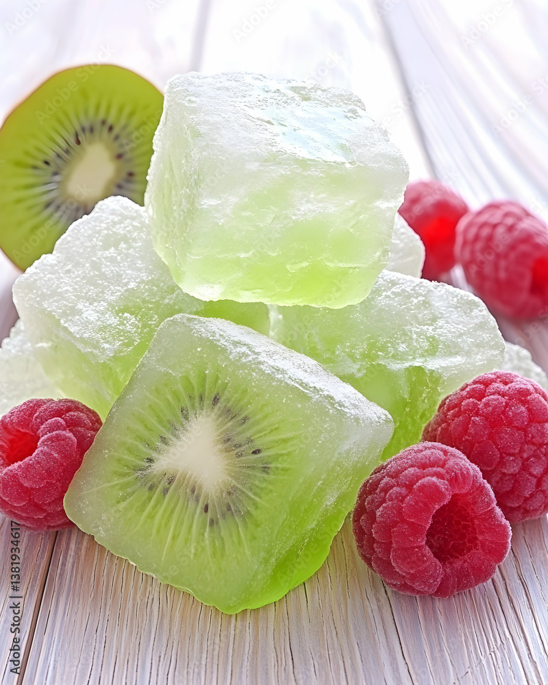 Aufkleber refreshing kiwi and raspberry ice cubes on wood. generative ai