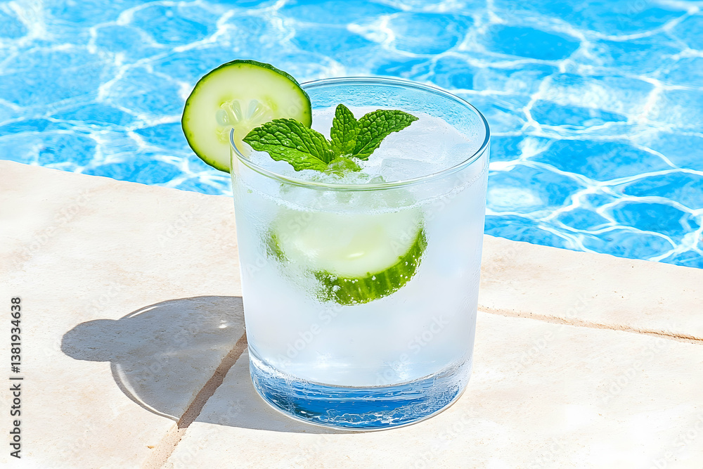Poster refreshing cucumber mint drink by the pool. generative ai