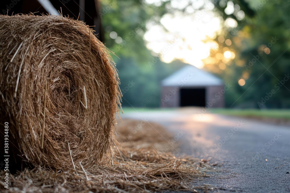 Poster close up of a rolled hay bale with sunlight filtering through, a small building in the background, s
