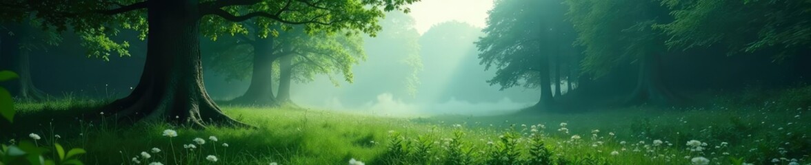 Fototapeta premium Secluded forest landscape with trees and mist, mist, forest, greenery
