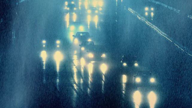 Dramatic Urban Landscape Cars Driving In Rain Storm At Night
