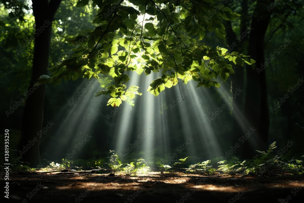 Fototapete sunlight streams through lush forest foliage illuminating a vibrant scene. rays pierce a canopy of g