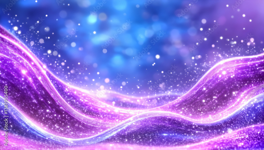 Poster shimmering purple and blue waves with sparkling particles on a bokeh background. generative ai