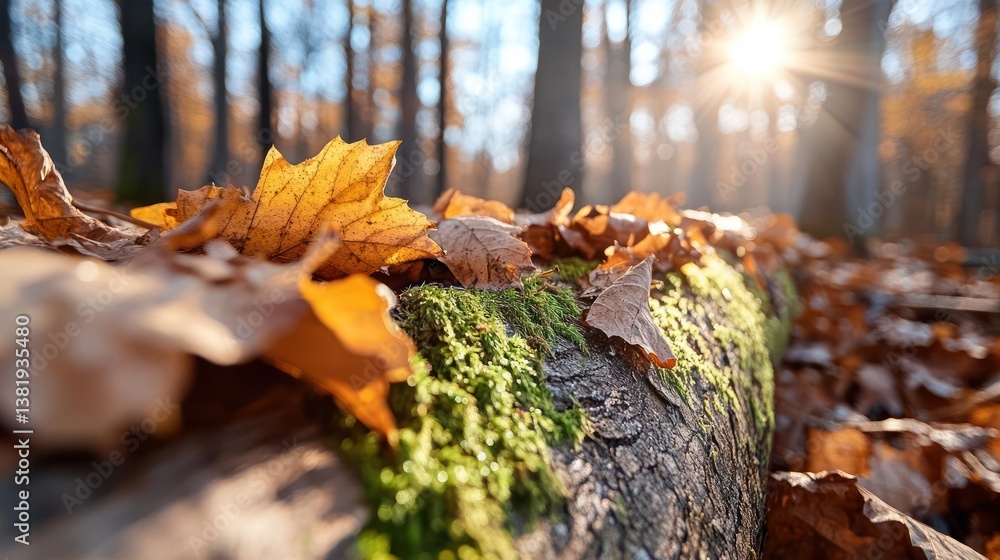 Aufkleber close-up shot of autumn leaves on a mossy log with soft sunlight filtering through the trees in the 
