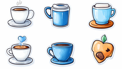 Six illustrated coffee and hot beverage icons in various styles and colors. generative ai