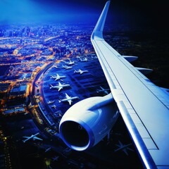 Fototapeta premium A breathtaking aerial view showcases a bustling airport at night, its runways filled with numerous airplanes, surrounded by a vibrant cityscape with twinkling lights, a captivating
