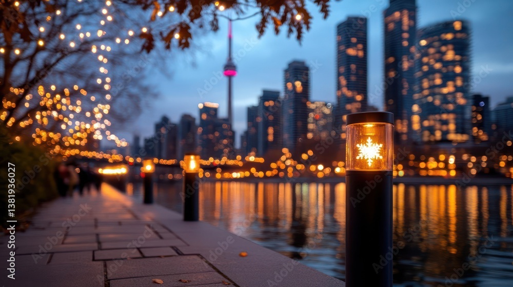 Poster Evening cityscape view with a waterfront path with decorative lights trees and tall buildings reflecting in the water