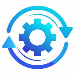 Sync Settings Icon – Blue Gradient Gear with Play Symbol and Circular Arrow Representing Continuous Process on White Background
