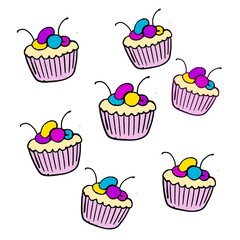 set of cupcakes. cupcake seamless pattern. Cupcake Doodle Line Art Design. Cupcake Cartoon Illustration .colorful cupcake doodle. cupcake illustration isolated by clean background. cute characters. 