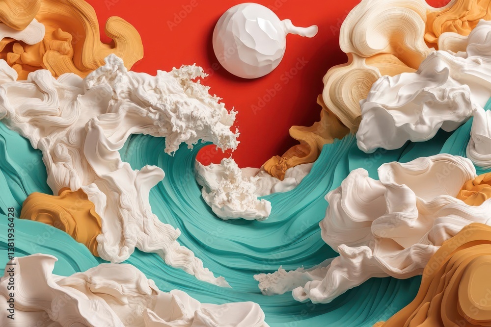 Aufkleber abstract art depicting waves of textured material in shades of teal white and yellow with a red back