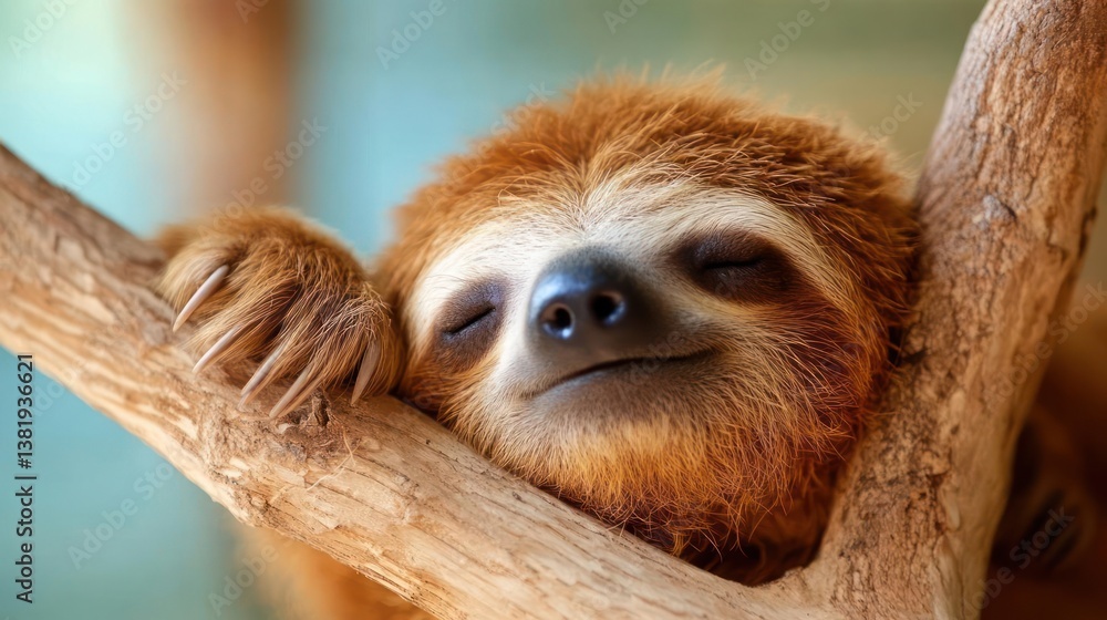Poster close up portrait of a brown sloth sleeping peacefully on a tree branch with closed eyes and texture