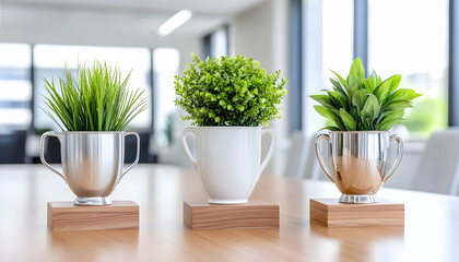 Three potted plants in trophy-style containers on a table. generative ai