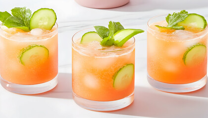 Fototapeta premium Three refreshing cocktails with cucumber and mint garnishes, served in rocks glasses on a marble surface. generative ai