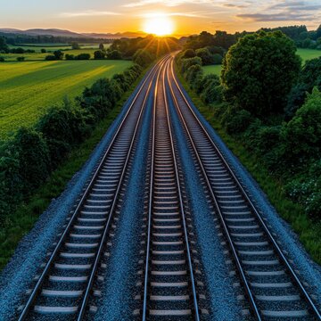 A breathtaking aerial view captures a picturesque sunset over sprawling green fields with three parallel train tracks vanishing into the horizon offe a captivating abstract