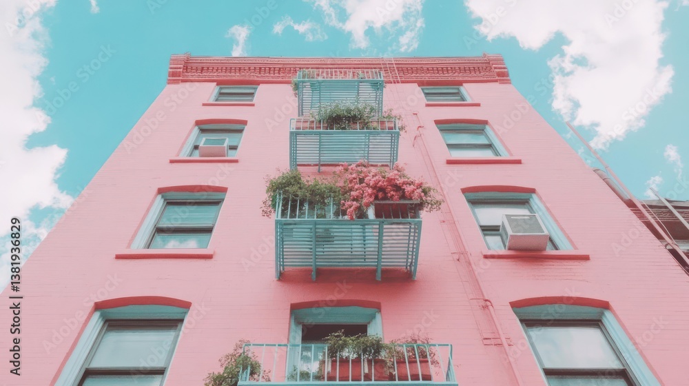 Poster low angle view of a pink building with turquoise balconies under a blue sky with light clouds and gr