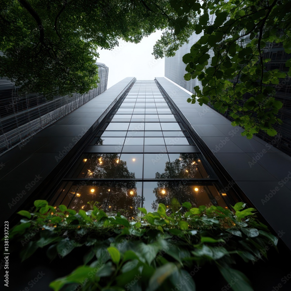 Poster low angle shot of a modern skyscraper with large windows reflecting interior lights and framed by lu