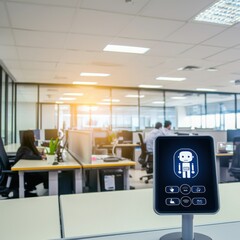 A friendly AI chatbot interface on a tablet assists customer service representatives in a bright modern office environment providing efficient and helpful support to customers