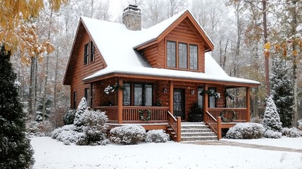 A beautiful wooden cabin is surrounded by a winter snow scene