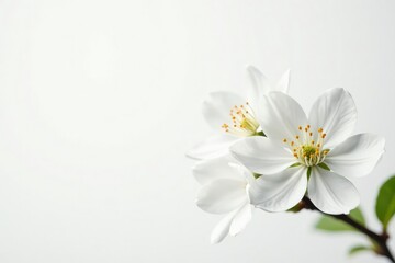 Fototapeta premium Delicate white blossom against pure white backdrop, background, purity, botany