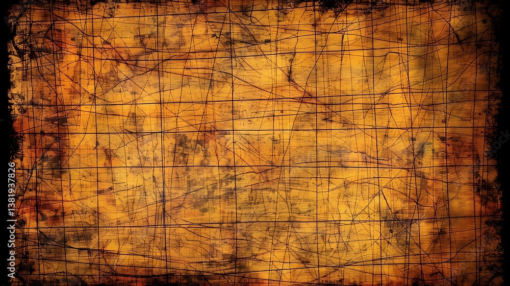 Poster a weathered wooden surface displaying a grid pattern and scratch marks