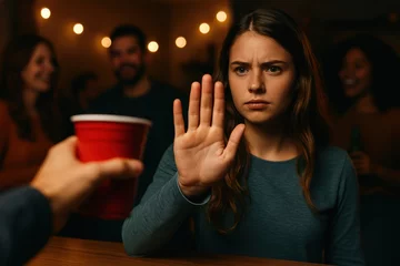 Gordijnen Young woman refusing a red cup of alcohol with her hand at a house party © Boke