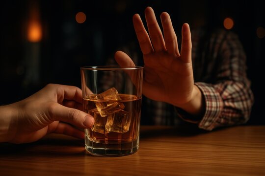 Man refusing glass of alcoholic beverage in bar setting, making stop gesture with hand - Powered by Adobe