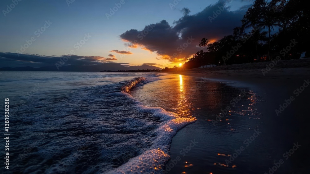 Aufkleber Golden sunset reflection on wet sand with gentle waves creating a serene seaside atmosphere under a cloudy sky with dark silhouettes