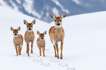 A family of deer walking through a winter meadow, leaving a trail of hoof prints in the snow