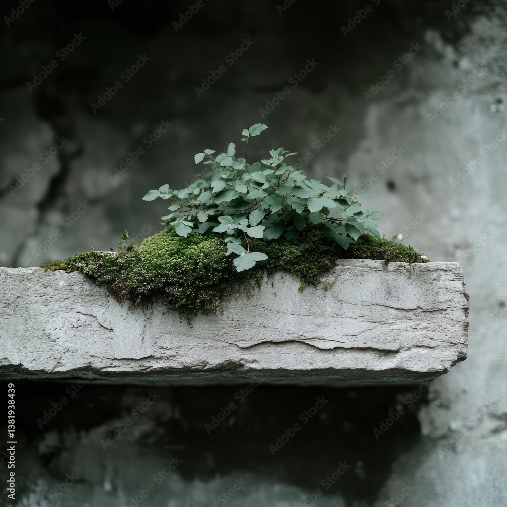 Poster close-up of a concrete planter with lush green plants and moss against a weathered stone wall. the f