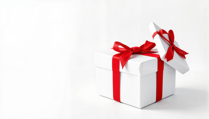 Fototapeta premium White gift box with red ribbon on light background 