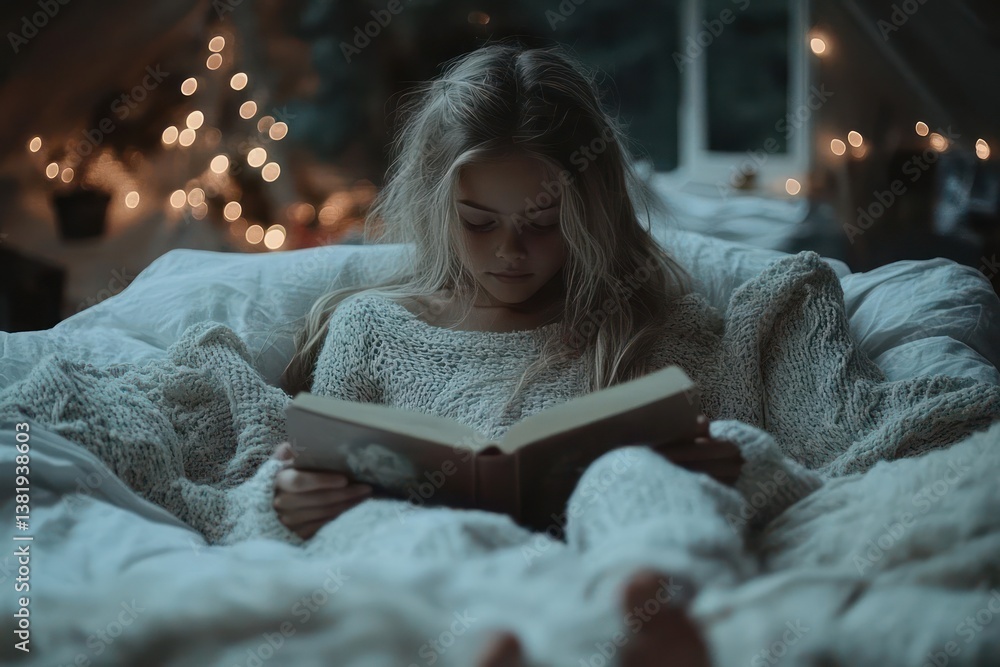 Poster young person reading a book while sitting on a bed with soft blanket. warm lighting from background 