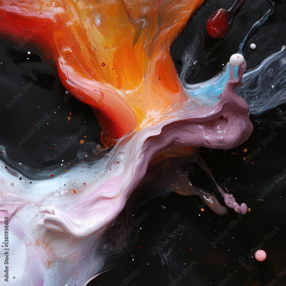 Poster Abstract composition of mixed paint colors spilling across a dark surface with speckles and swirls. Fluid art with orange, red, blue and white shades