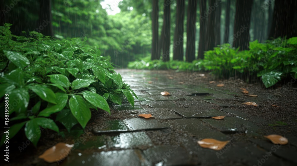 Poster rainy forest path with green foliage and trees creating a tranquil atmosphere