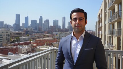 Confident Man in Suit with Cityscape View From Building Balcony