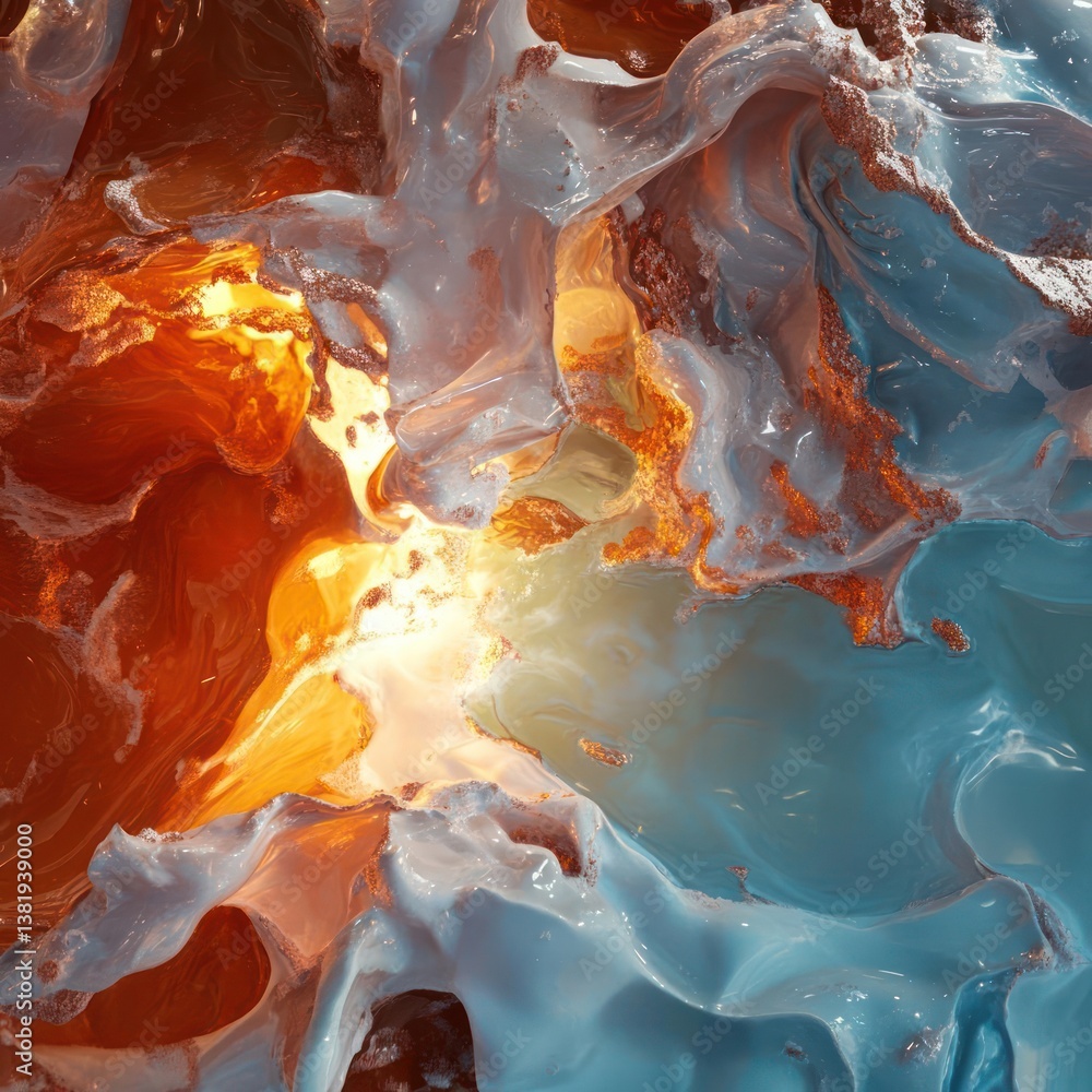 Poster abstract art with fluid forms vibrant colors of orange and blue illuminated with a bright light sour