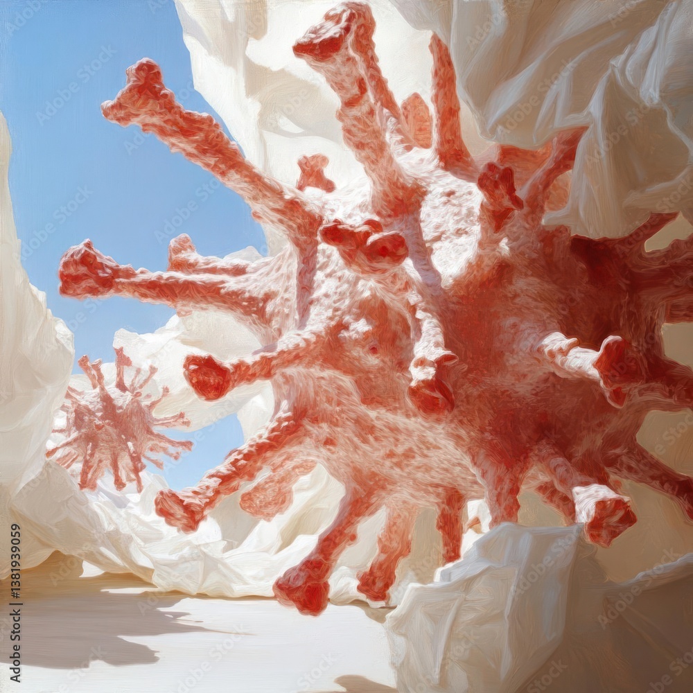 Fototapete abstract red coral like structure with textured surface against white paper forms with a blue sky ba